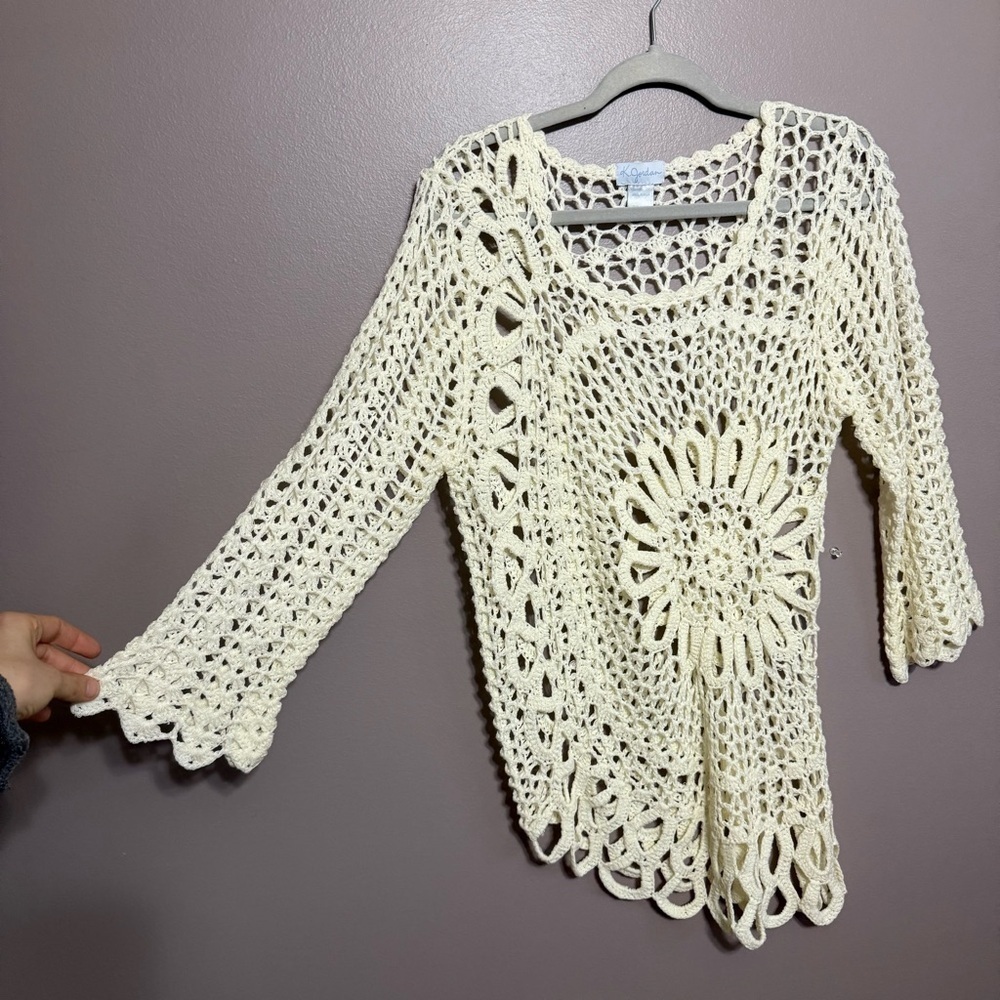 K. Jordan Y2K Crochet Lace Top Ivory Asymmetrical Hem Bohemian Women's Large - Picture 2 of 6
